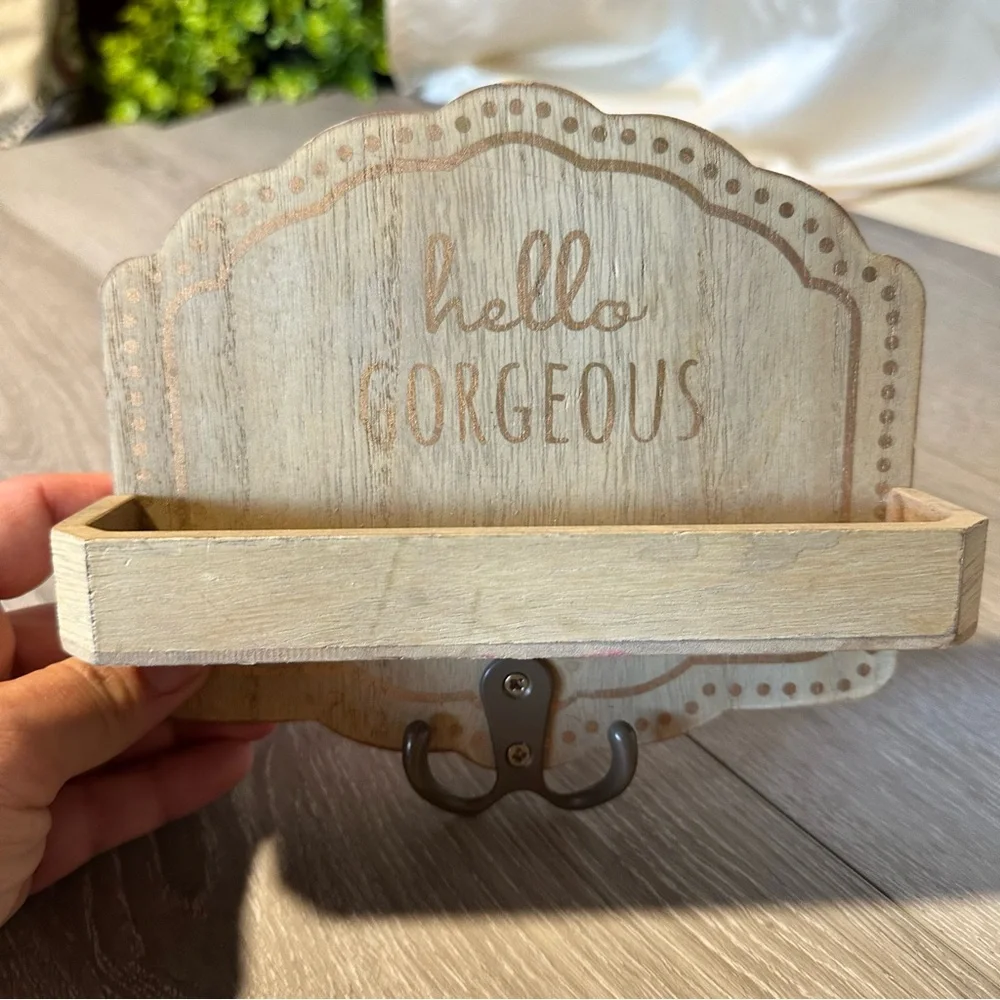 Hello Gorgeous Wall Hook Shelf Rustic Key Holder Jewelry Organizer Wood Entryway